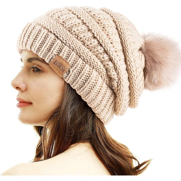 〽️Women Oatmeal Winter Pom Pom Beanie Hat with Warm Fleece Lined XL main image 5